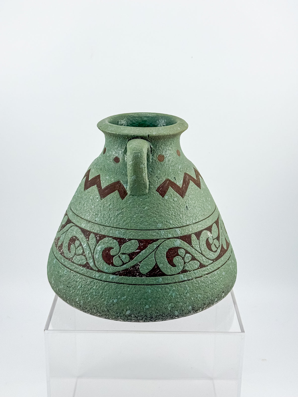 Sage Green Two-Handled Decorative Vase with Brown Scrollwork and Zigzag Detail, Rustic Mediterranean Decor