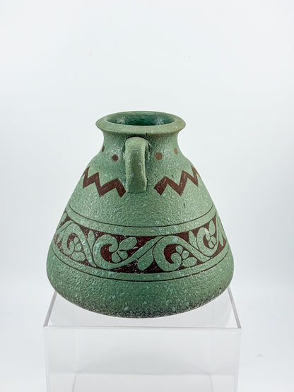 Sage Green Two-Handled Decorative Vase with Brown Scrollwork and Zigzag Detail, Rustic Mediterranean Decor