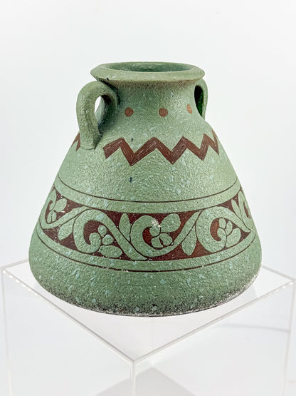 Sage Green Two-Handled Decorative Vase with Brown Scrollwork and Zigzag Detail, Rustic Mediterranean Decor