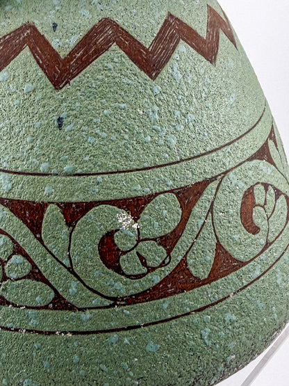 Sage Green Two-Handled Decorative Vase with Brown Scrollwork and Zigzag Detail, Rustic Mediterranean Decor