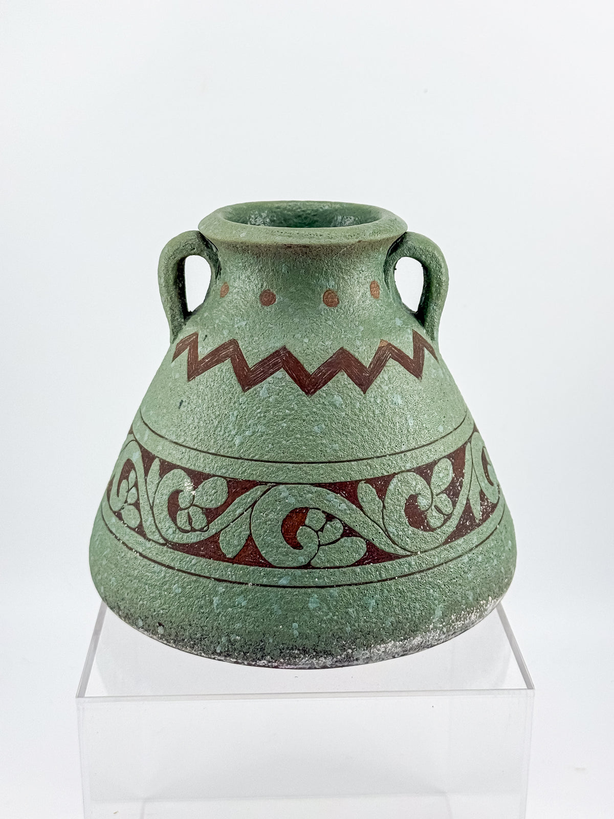Sage Green Two-Handled Decorative Vase with Brown Scrollwork and Zigzag Detail, Rustic Mediterranean Decor