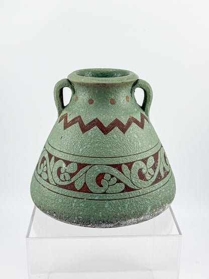 Sage Green Two-Handled Decorative Vase with Brown Scrollwork and Zigzag Detail, Rustic Mediterranean Decor
