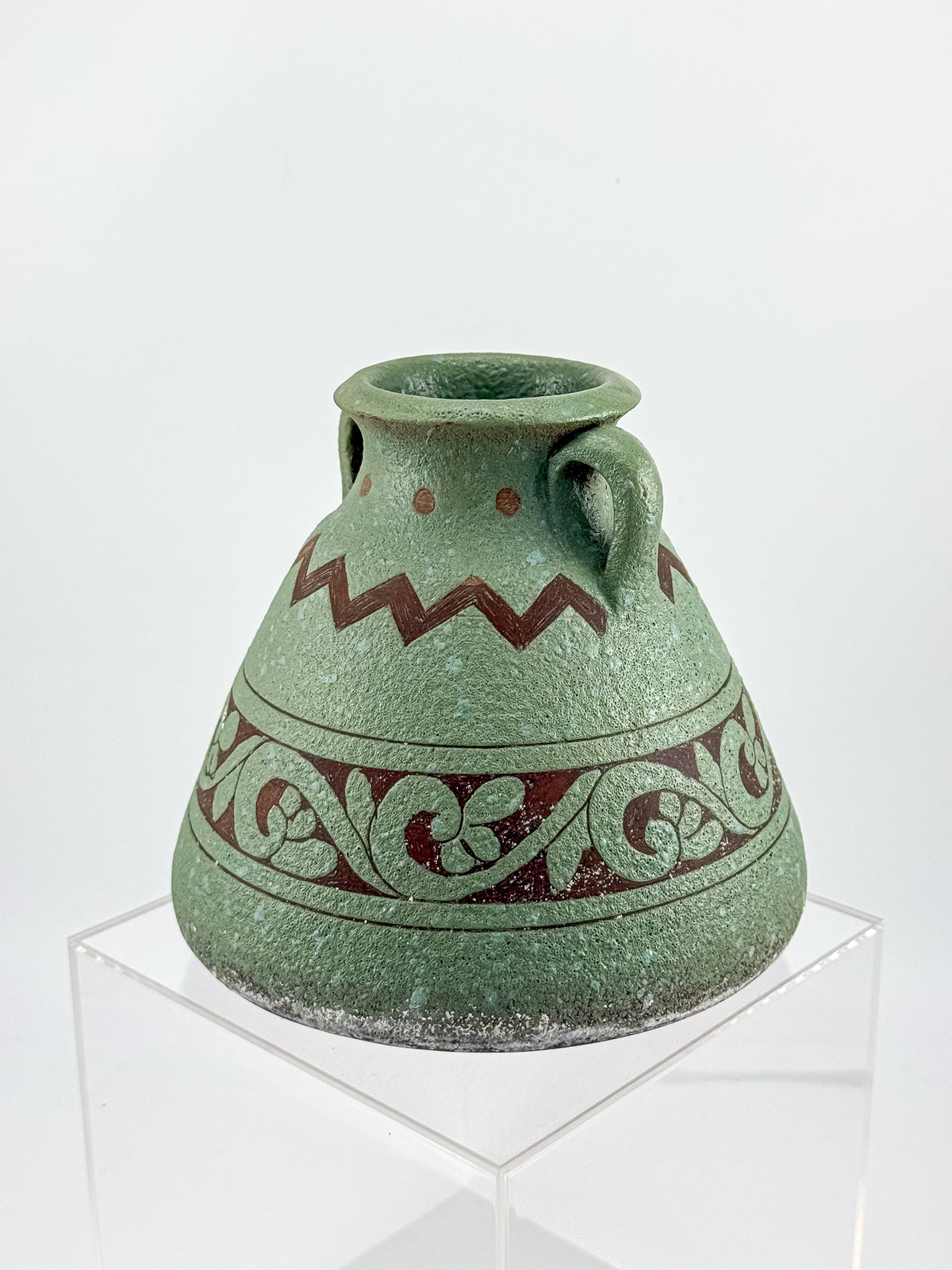 Sage Green Two-Handled Decorative Vase with Brown Scrollwork and Zigzag Detail, Rustic Mediterranean Decor