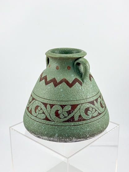 Sage Green Two-Handled Decorative Vase with Brown Scrollwork and Zigzag Detail, Rustic Mediterranean Decor