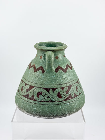Sage Green Two-Handled Decorative Vase with Brown Scrollwork and Zigzag Detail, Rustic Mediterranean Decor