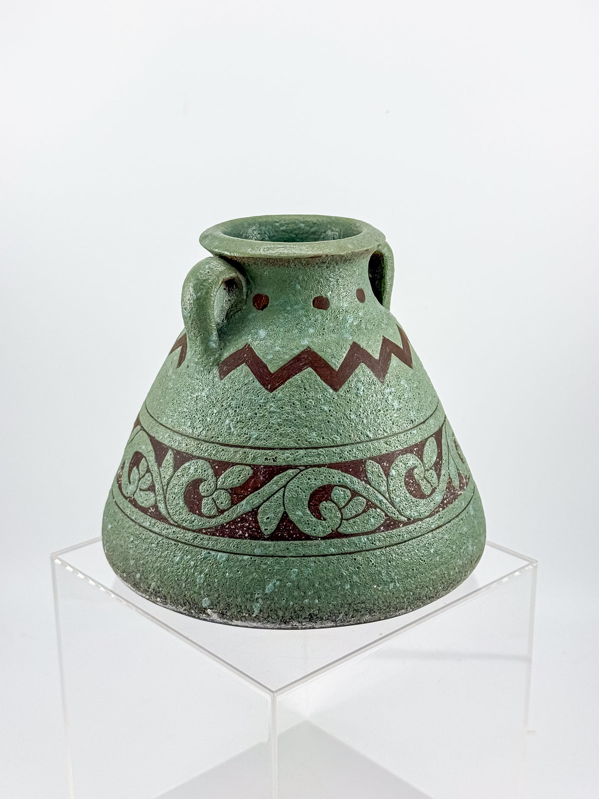 Sage Green Two-Handled Decorative Vase with Brown Scrollwork and Zigzag Detail, Rustic Mediterranean Decor