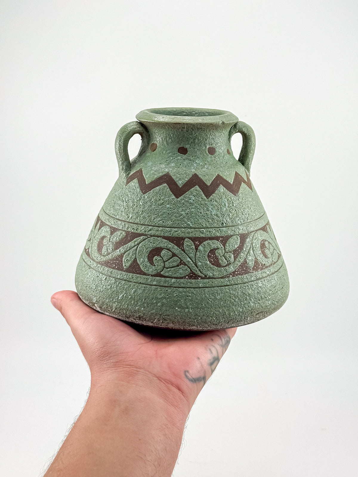 Sage Green Two-Handled Decorative Vase with Brown Scrollwork and Zigzag Detail, Rustic Mediterranean Decor