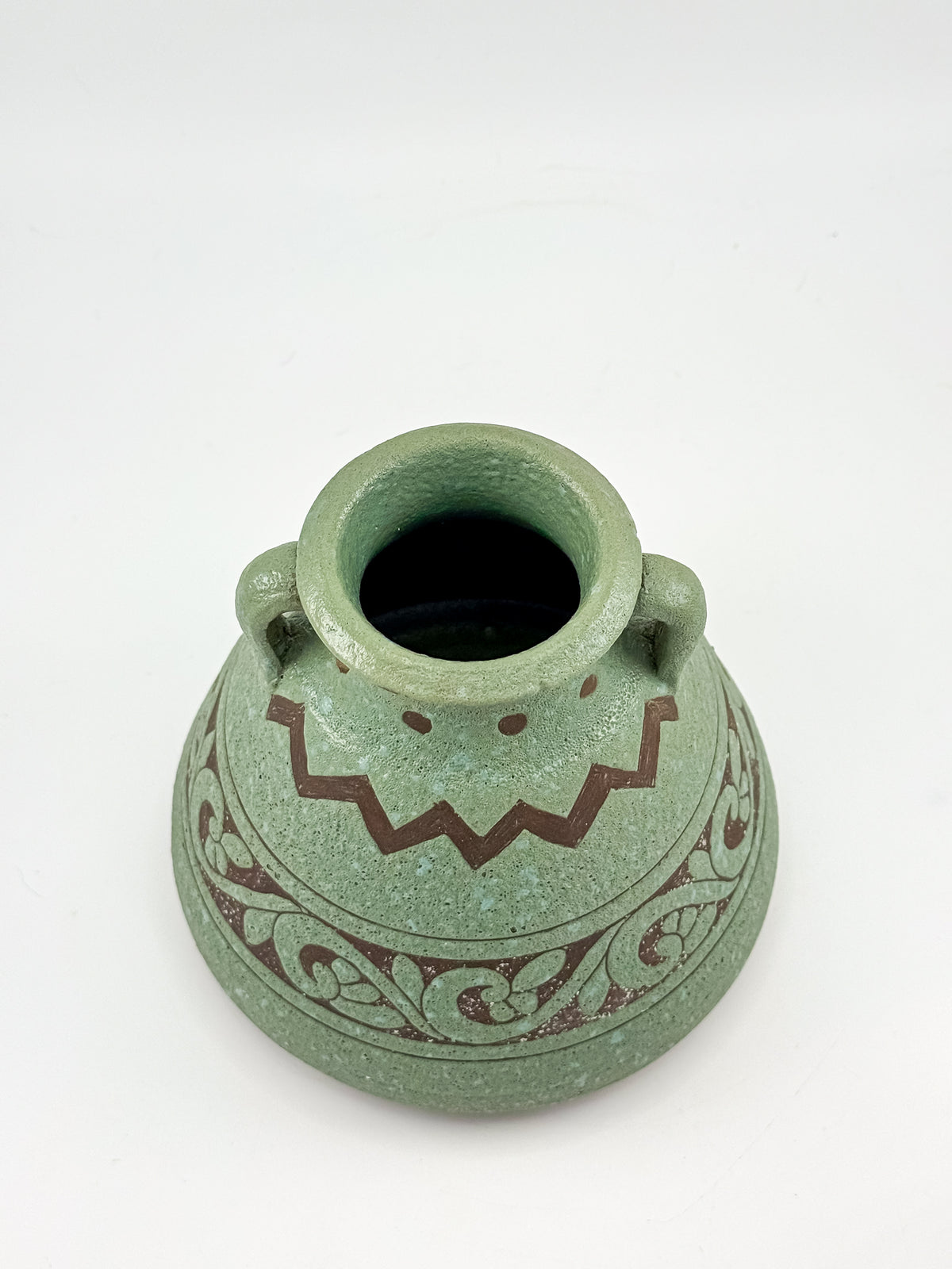 Sage Green Two-Handled Decorative Vase with Brown Scrollwork and Zigzag Detail, Rustic Mediterranean Decor