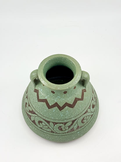 Sage Green Two-Handled Decorative Vase with Brown Scrollwork and Zigzag Detail, Rustic Mediterranean Decor