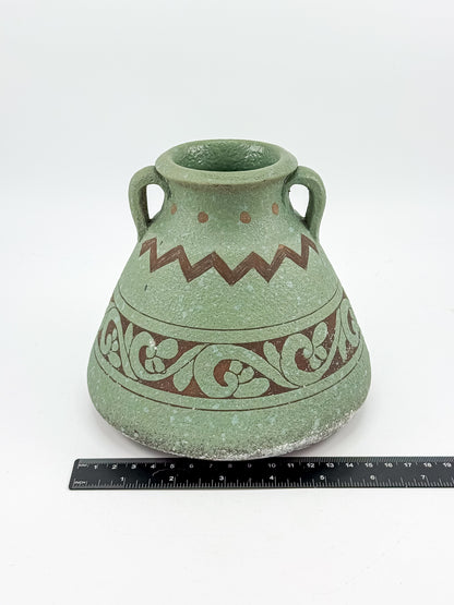 Sage Green Two-Handled Decorative Vase with Brown Scrollwork and Zigzag Detail, Rustic Mediterranean Decor