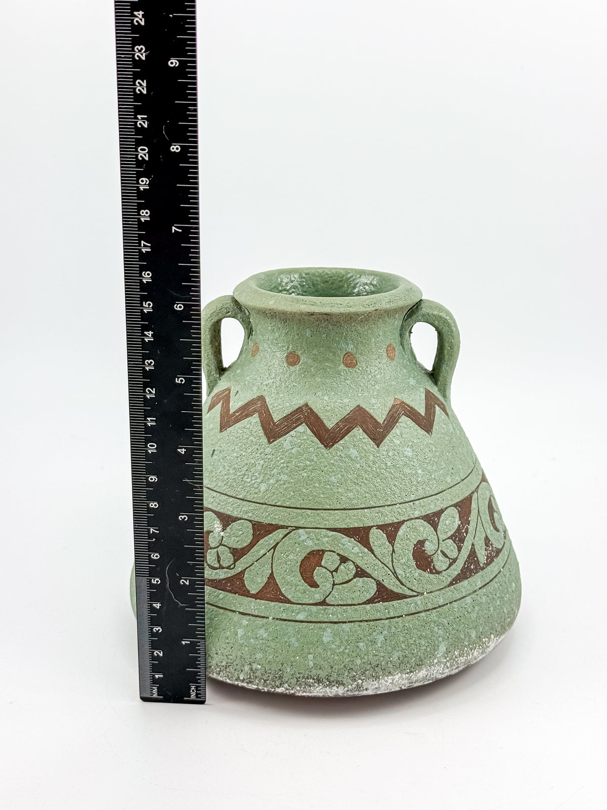 Sage Green Two-Handled Decorative Vase with Brown Scrollwork and Zigzag Detail, Rustic Mediterranean Decor