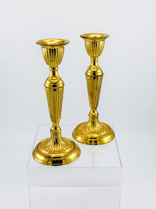 Gold-Tone Fluted Taper Candlestick Holders with Beaded Trim, Pair, Believed Brass