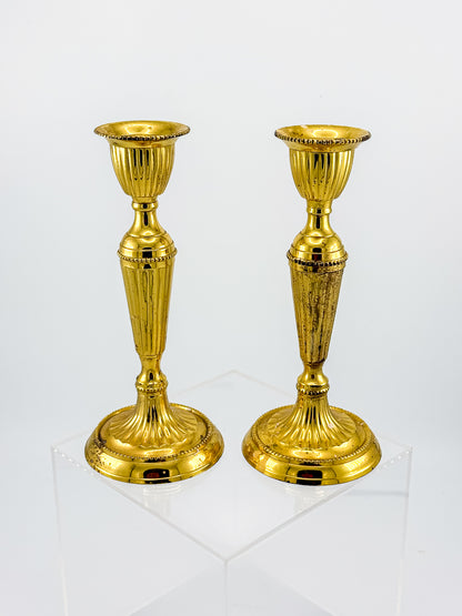 Gold-Tone Fluted Taper Candlestick Holders with Beaded Trim, Pair, Believed Brass