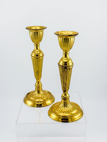 Gold-Tone Fluted Taper Candlestick Holders with Beaded Trim, Pair, Believed Brass