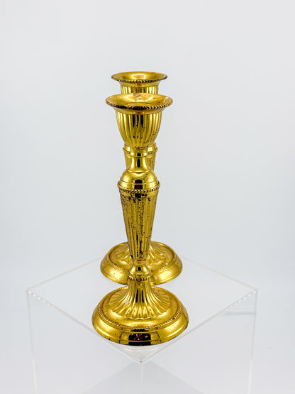Gold-Tone Fluted Taper Candlestick Holders with Beaded Trim, Pair, Believed Brass