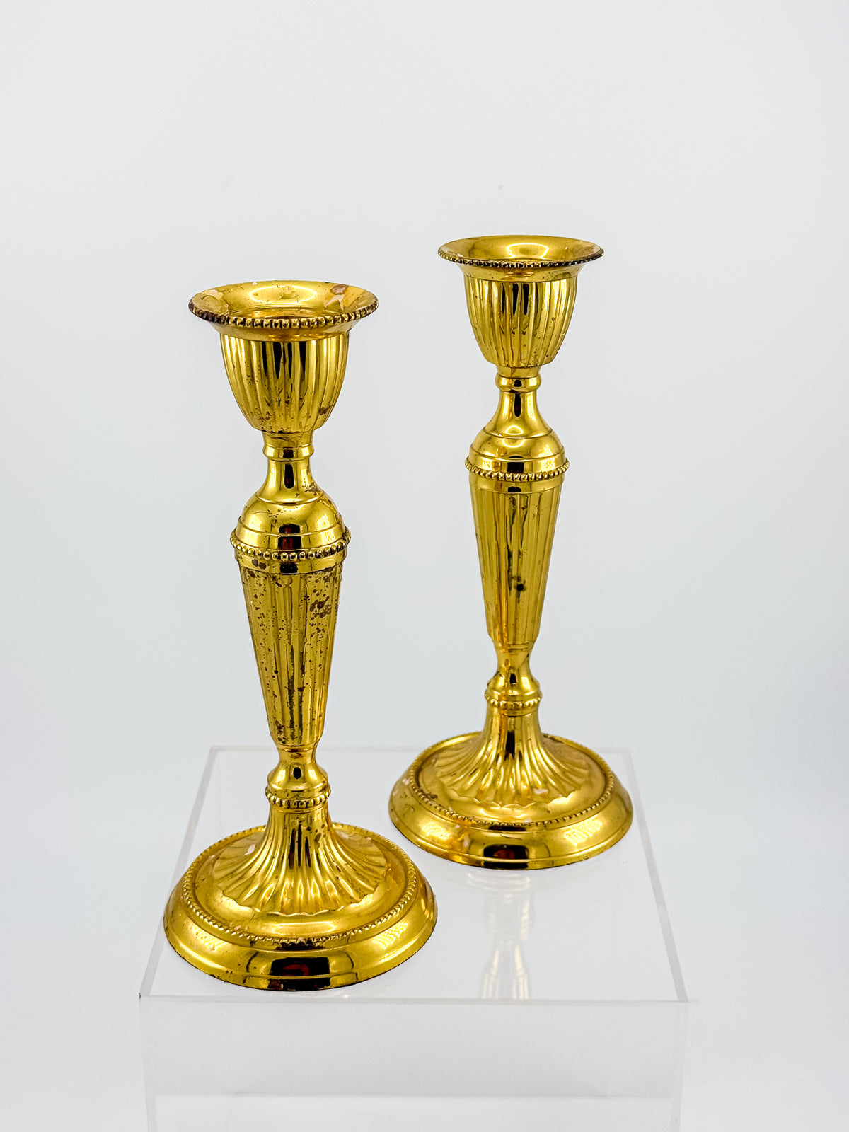 Gold-Tone Fluted Taper Candlestick Holders with Beaded Trim, Pair, Believed Brass