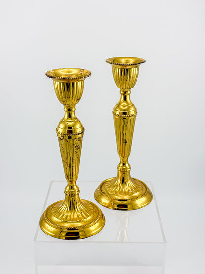 Gold-Tone Fluted Taper Candlestick Holders with Beaded Trim, Pair, Believed Brass