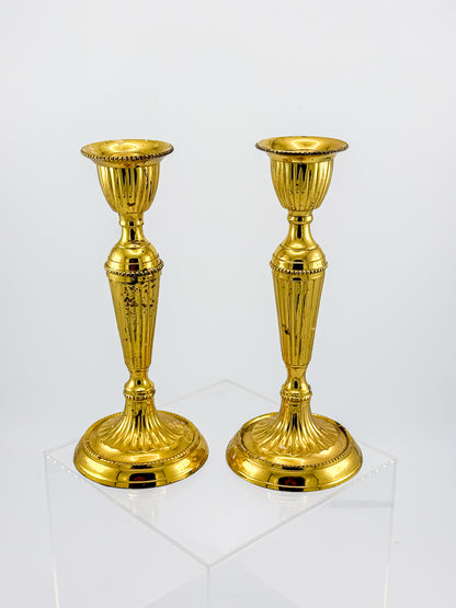 Gold-Tone Fluted Taper Candlestick Holders with Beaded Trim, Pair, Believed Brass