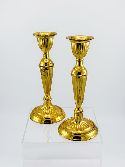 Gold-Tone Fluted Taper Candlestick Holders with Beaded Trim, Pair, Believed Brass