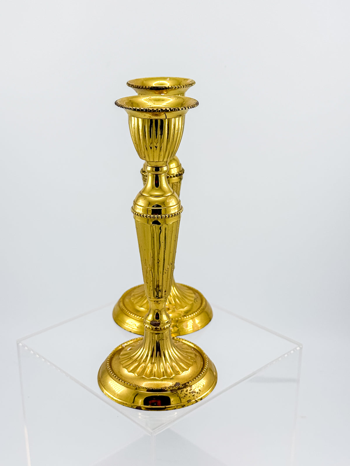 Gold-Tone Fluted Taper Candlestick Holders with Beaded Trim, Pair, Believed Brass