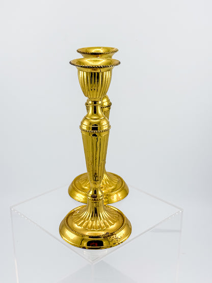 Gold-Tone Fluted Taper Candlestick Holders with Beaded Trim, Pair, Believed Brass