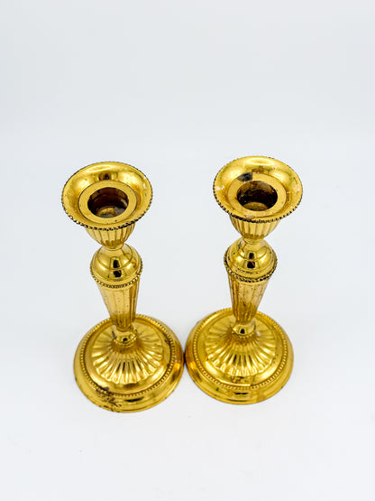 Gold-Tone Fluted Taper Candlestick Holders with Beaded Trim, Pair, Believed Brass