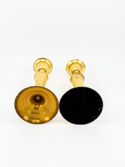Gold-Tone Fluted Taper Candlestick Holders with Beaded Trim, Pair, Believed Brass