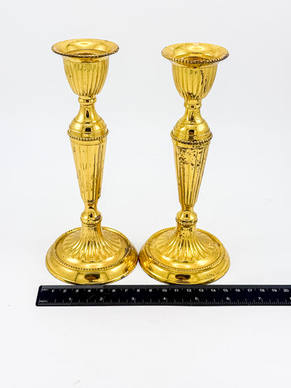 Gold-Tone Fluted Taper Candlestick Holders with Beaded Trim, Pair, Believed Brass