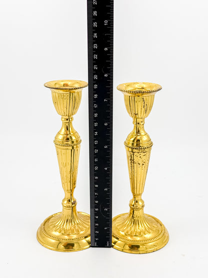 Gold-Tone Fluted Taper Candlestick Holders with Beaded Trim, Pair, Believed Brass