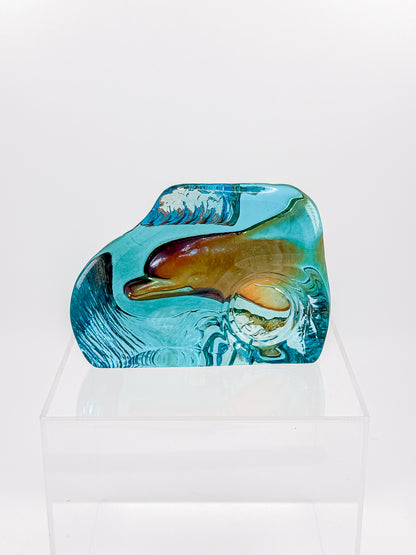 Aqua Blue Art Glass Paperweight with Amber Swirls and Textured Edges, Signed Butterfield 96