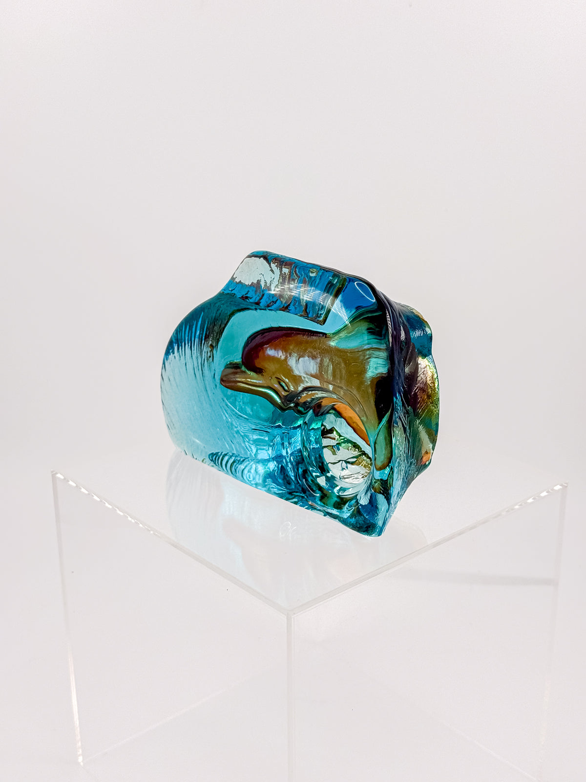 Aqua Blue Art Glass Paperweight with Amber Swirls and Textured Edges, Signed Butterfield 96