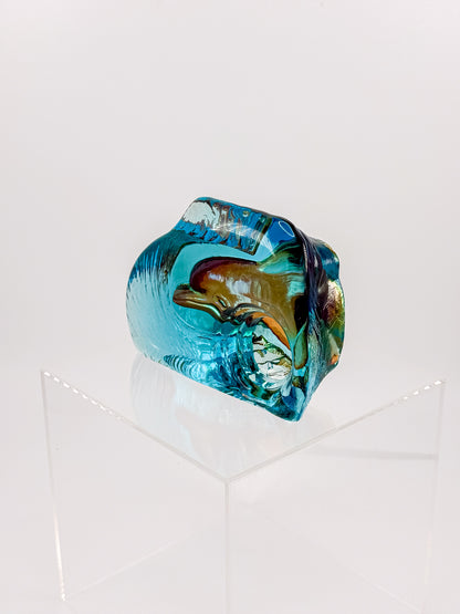 Aqua Blue Art Glass Paperweight with Amber Swirls and Textured Edges, Signed Butterfield 96