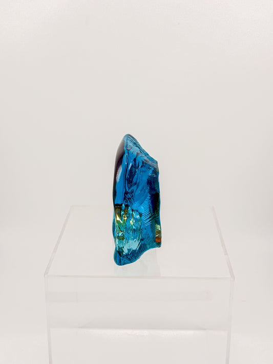 Aqua Blue Art Glass Paperweight with Amber Swirls and Textured Edges, Signed Butterfield 96