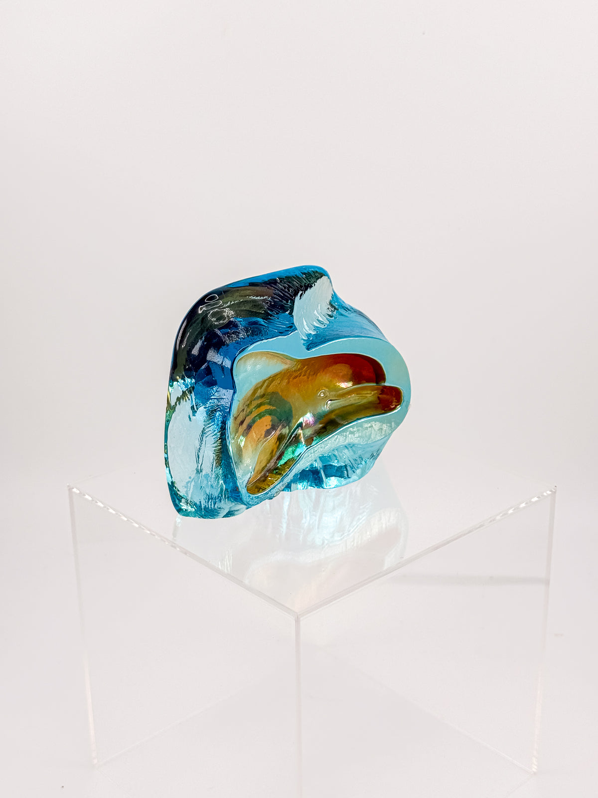 Aqua Blue Art Glass Paperweight with Amber Swirls and Textured Edges, Signed Butterfield 96
