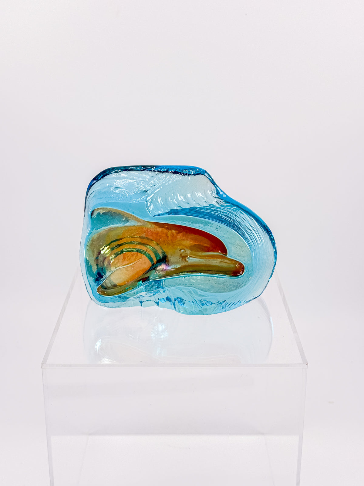 Aqua Blue Art Glass Paperweight with Amber Swirls and Textured Edges, Signed Butterfield 96