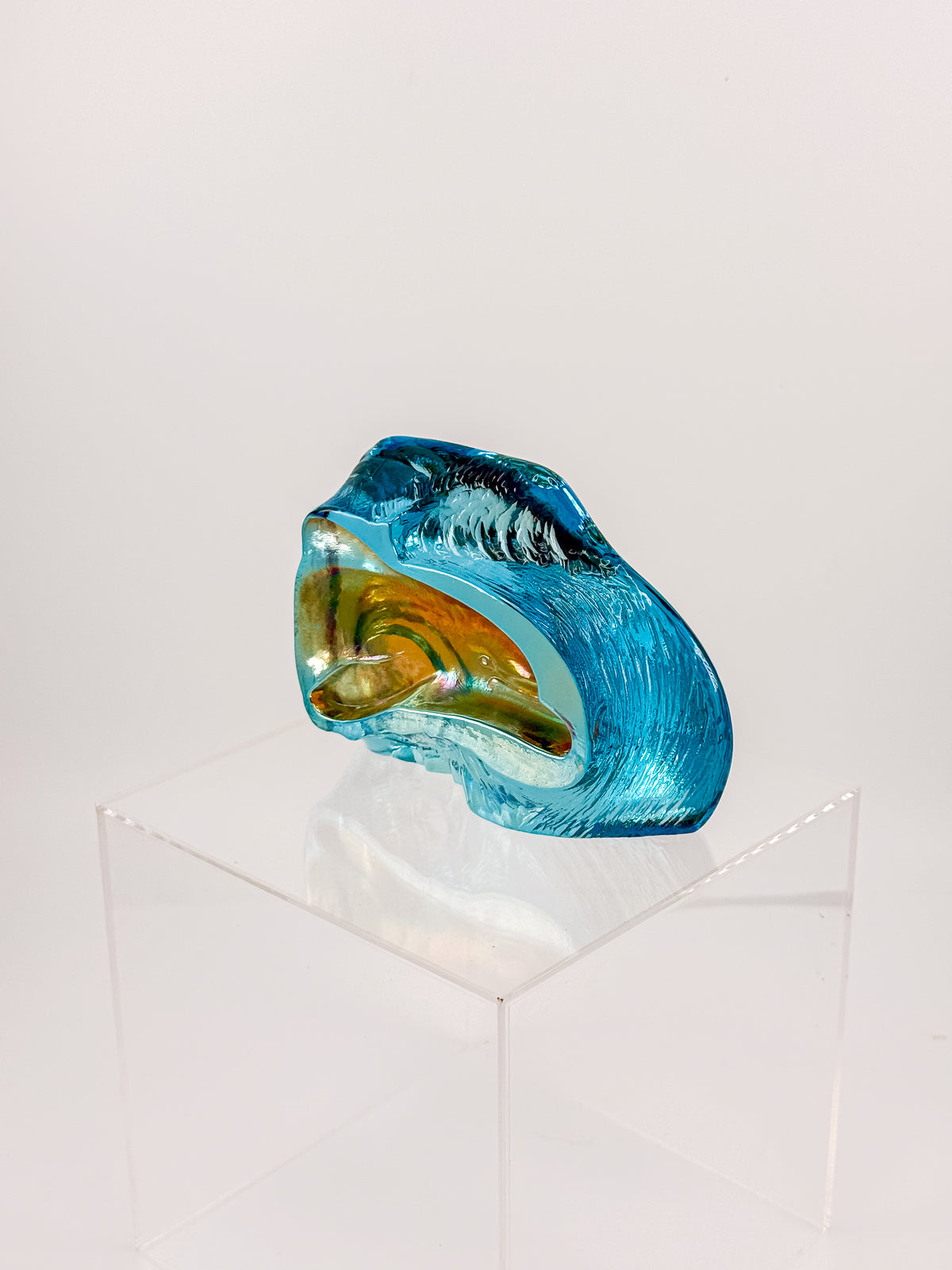 Aqua Blue Art Glass Paperweight with Amber Swirls and Textured Edges, Signed Butterfield 96