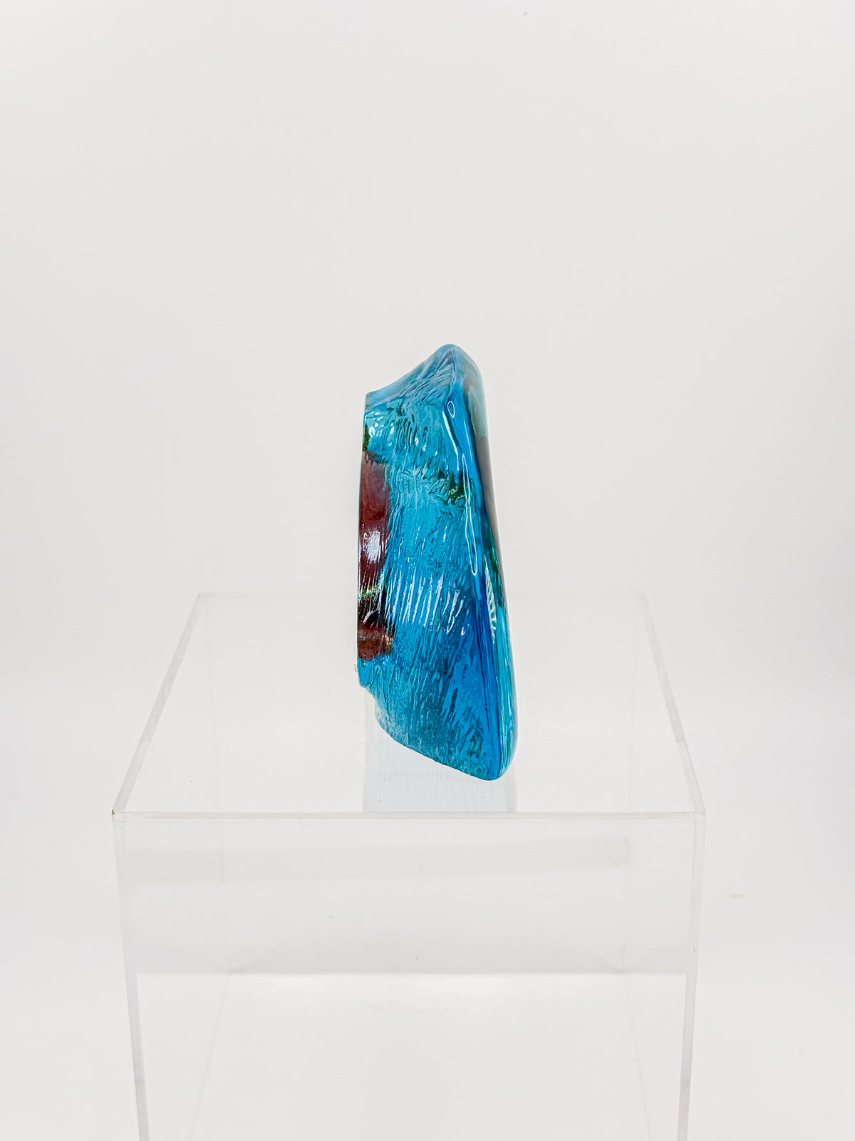 Aqua Blue Art Glass Paperweight with Amber Swirls and Textured Edges, Signed Butterfield 96