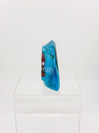 Aqua Blue Art Glass Paperweight with Amber Swirls and Textured Edges, Signed Butterfield 96