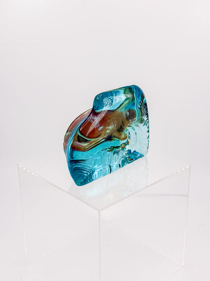 Aqua Blue Art Glass Paperweight with Amber Swirls and Textured Edges, Signed Butterfield 96