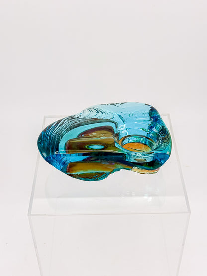 Aqua Blue Art Glass Paperweight with Amber Swirls and Textured Edges, Signed Butterfield 96