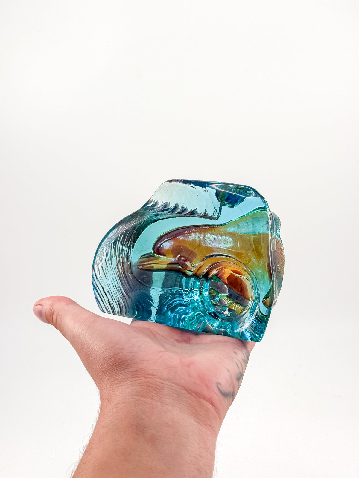 Aqua Blue Art Glass Paperweight with Amber Swirls and Textured Edges, Signed Butterfield 96