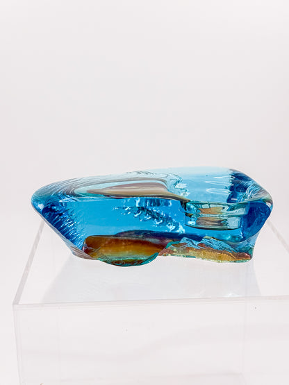 Aqua Blue Art Glass Paperweight with Amber Swirls and Textured Edges, Signed Butterfield 96