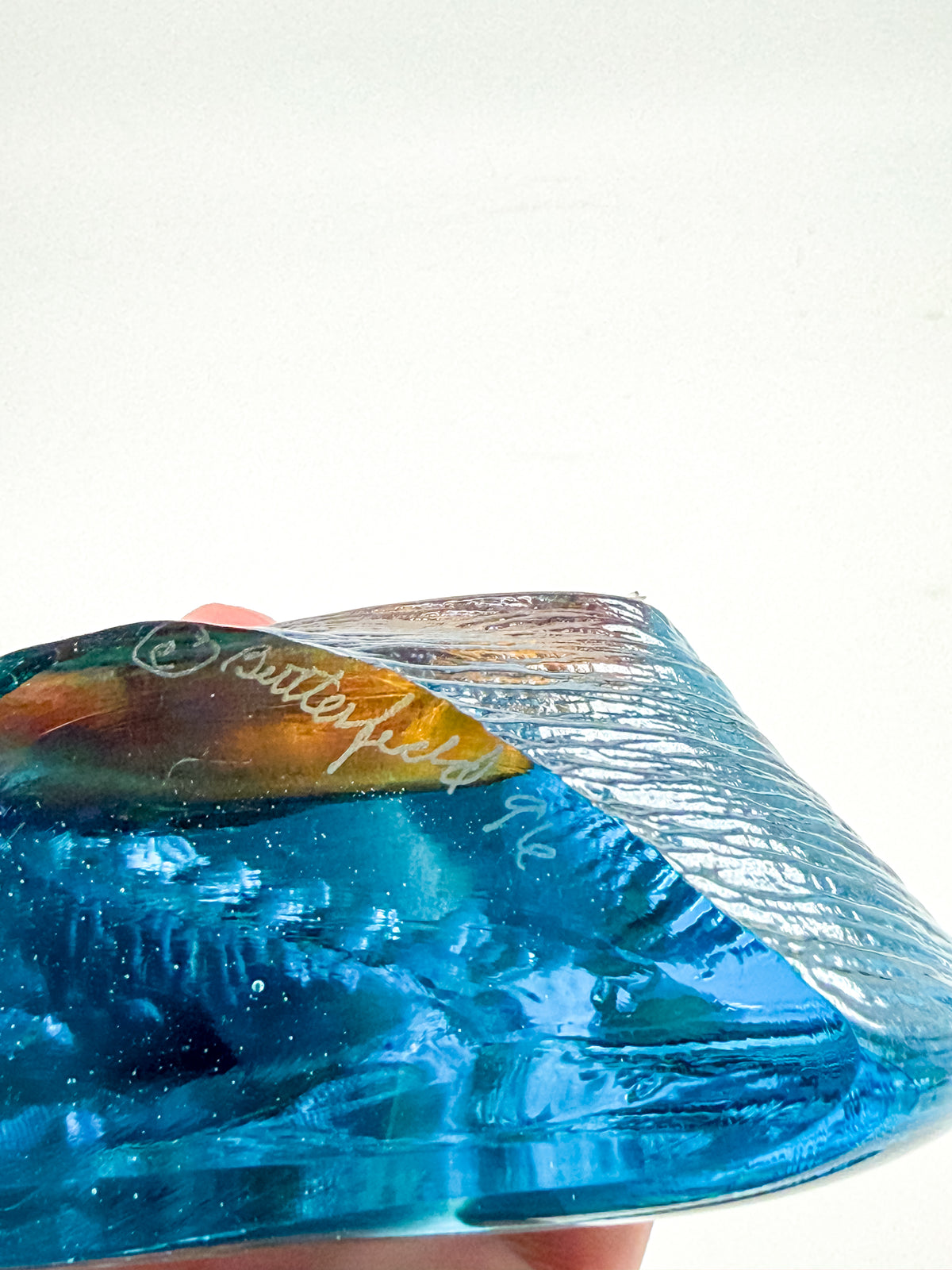 Aqua Blue Art Glass Paperweight with Amber Swirls and Textured Edges, Signed Butterfield 96
