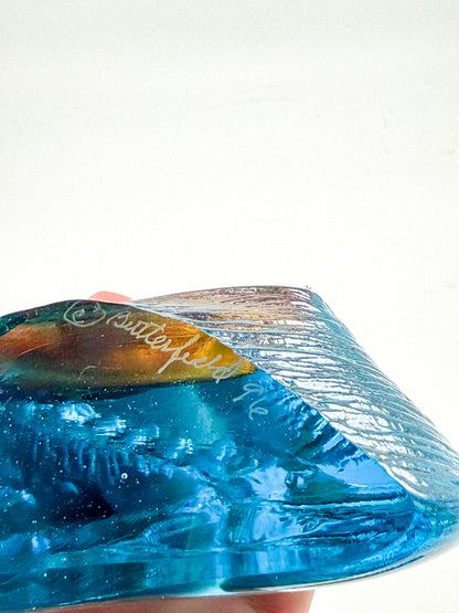 Aqua Blue Art Glass Paperweight with Amber Swirls and Textured Edges, Signed Butterfield 96