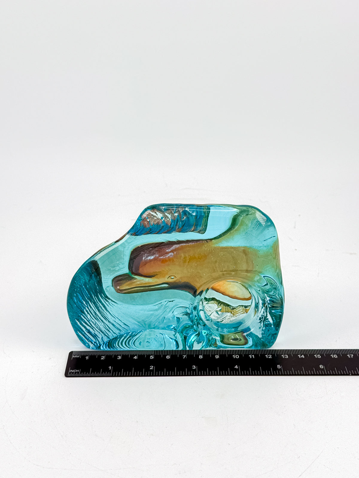 Aqua Blue Art Glass Paperweight with Amber Swirls and Textured Edges, Signed Butterfield 96