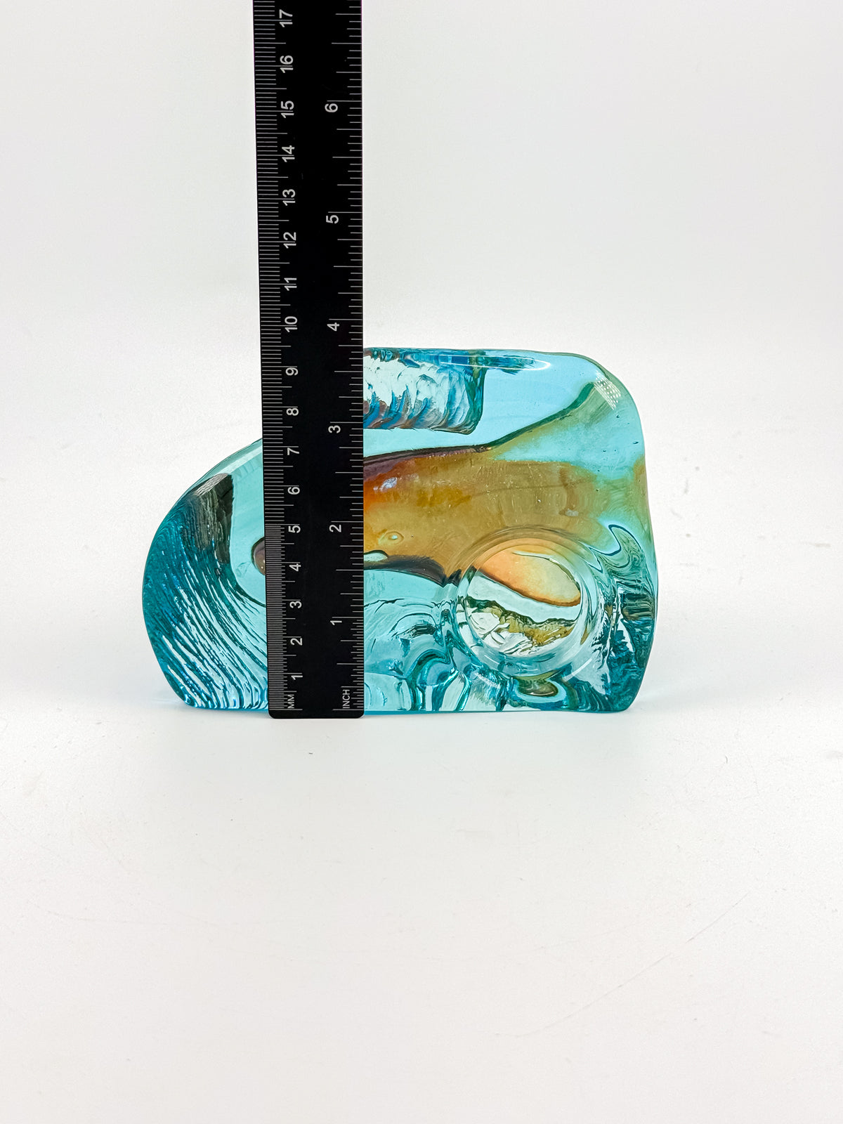 Aqua Blue Art Glass Paperweight with Amber Swirls and Textured Edges, Signed Butterfield 96