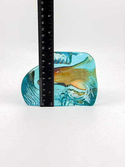 Aqua Blue Art Glass Paperweight with Amber Swirls and Textured Edges, Signed Butterfield 96