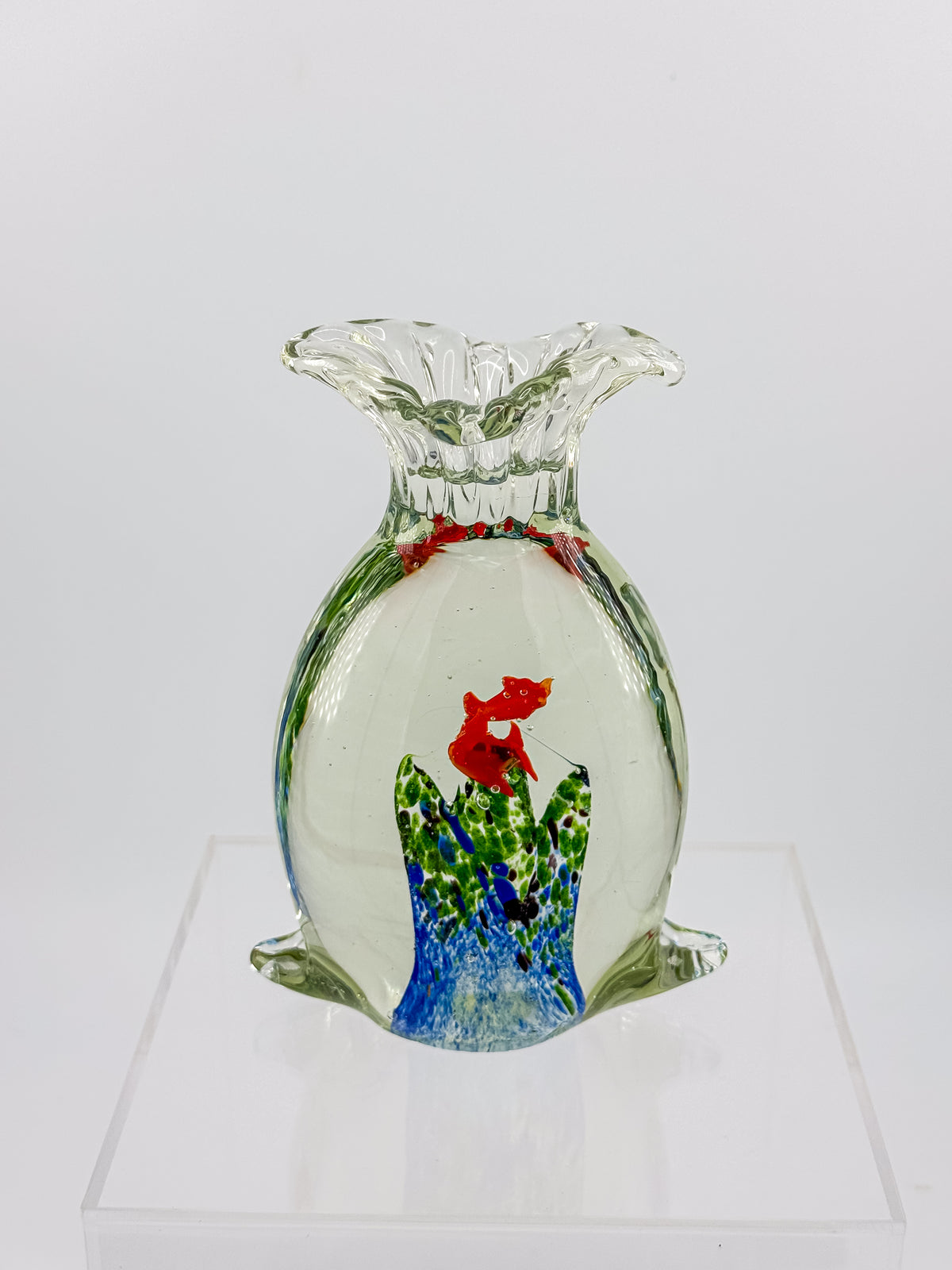 Murano-Style Art Glass Aquarium Paperweight with Red Fish, Blue and Green Seaweed, and Ruffled Top
