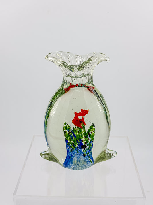 Murano-Style Art Glass Aquarium Paperweight with Red Fish, Blue and Green Seaweed, and Ruffled Top