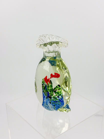 Murano-Style Art Glass Aquarium Paperweight with Red Fish, Blue and Green Seaweed, and Ruffled Top